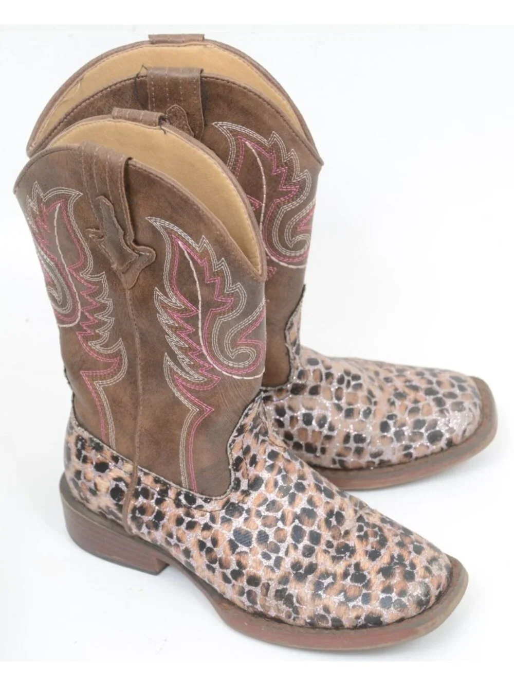 Roper Girls' Size 13 Glitter Leopard Western Boots - Square Toe Cowgirl Bootie